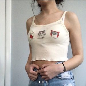 Cream crop tank with owls